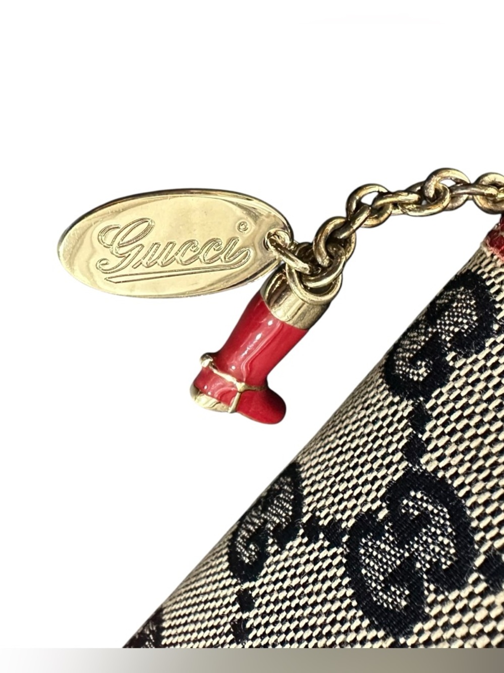 Gucci GG Monogram Navy Canvas & Red Leather Boot Charm Compact Bifold Wallet - Picture 3 of 16